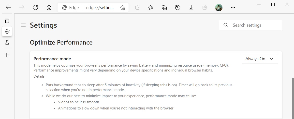 Edge performance settings