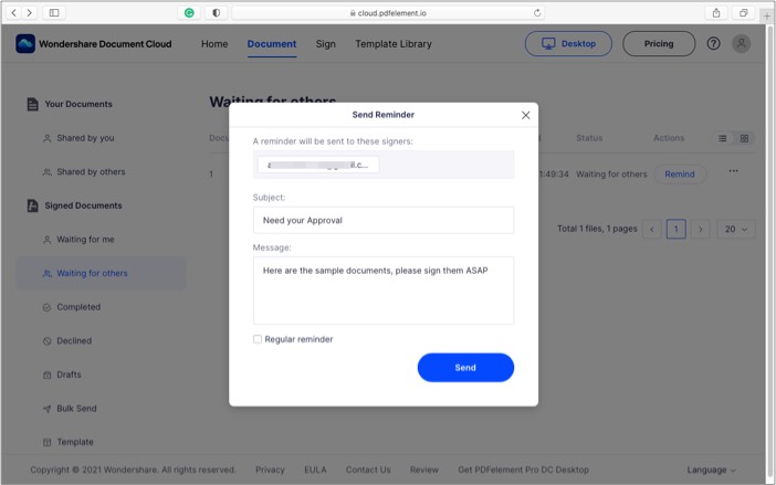 Envoyer des rappels à chaque signataire dans Wondershare Document Cloud