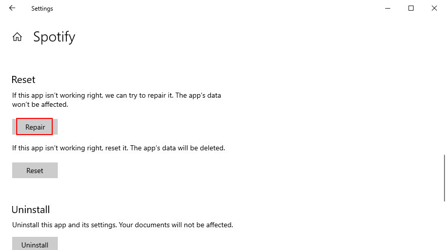 Windows 10 montre comment réparer l'application Spotify