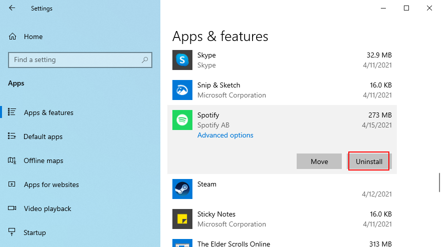 Windows 10 montre comment désinstaller l'application Spotify