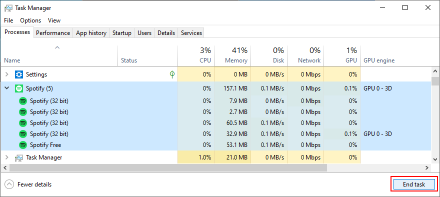 Le Gestionnaire des tâches montre comment terminer la tâche Spotify