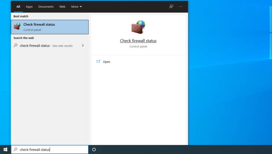 Windows 10 shows how to check the firewall status from the Start menu