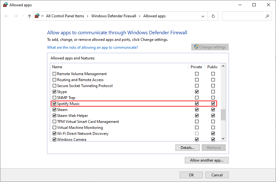 Windows 10 shows how to allow Spotify through firewall