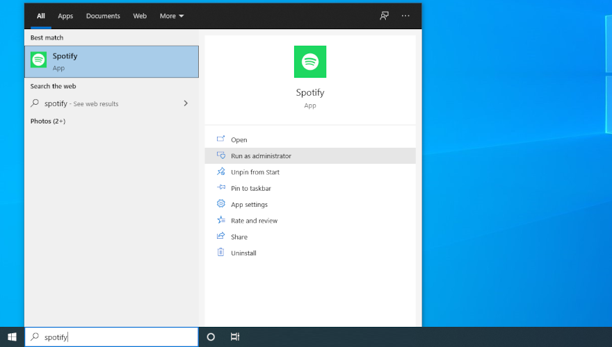Windows 10 montre comment exécuter Spotify en tant qu'administrateur