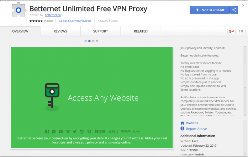 Proxy VPN gratuit Betternet illimité