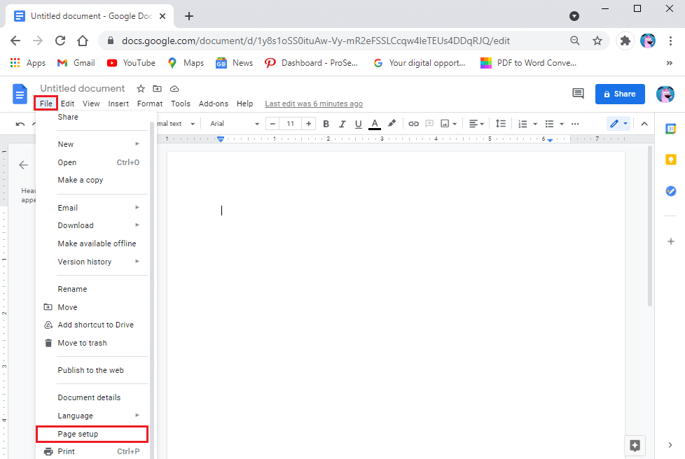 Accéder à la configuration de la page | Modifier les marges dans Google Docs