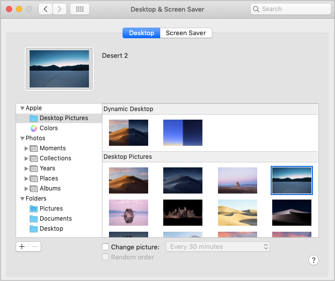Options de fond d'écran dans les préférences Desktop et Screen Saver sur Mac