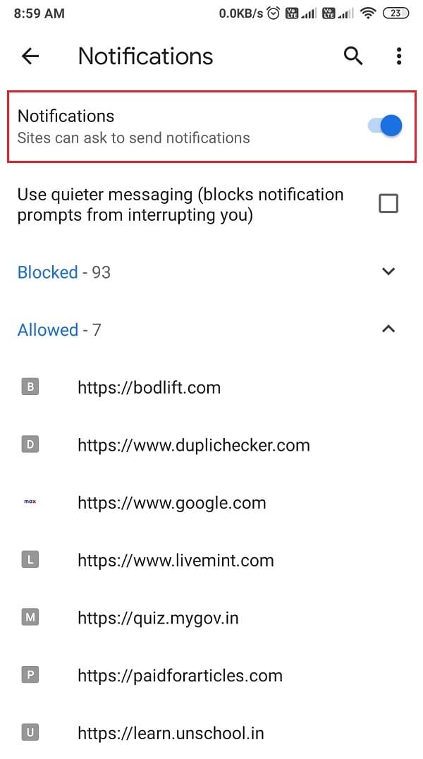 Éteignez le bascule pour la notification