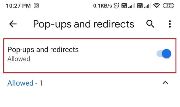 Désactivez la bascule pour les pop-ups et les redirections de fonctionnalités | Comment se débarrasser des publicités sur votre téléphone Android