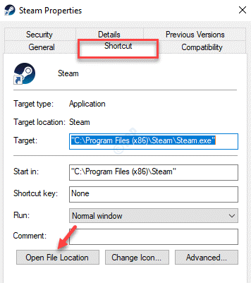 Raccourci des propriétés Steam Ouvrir l'emplacement du fichier