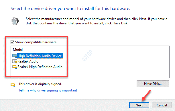 Show Compatible Hardware Check Generic Software Device or High Definition Audio Device Next