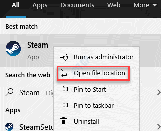 Résultat Steam Clic droit Ouvrir l'emplacement du fichier