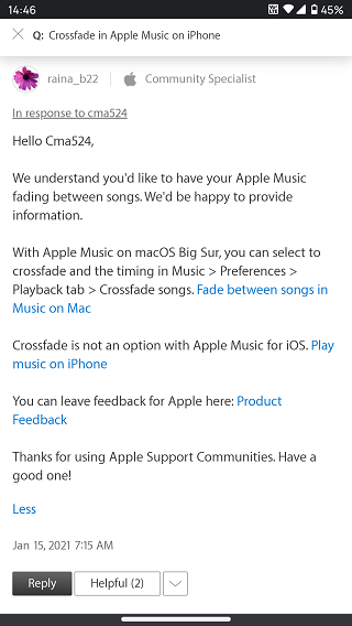 Community-Specialist-ask-to-share-feedback-for-Apple-Music-crossfade
