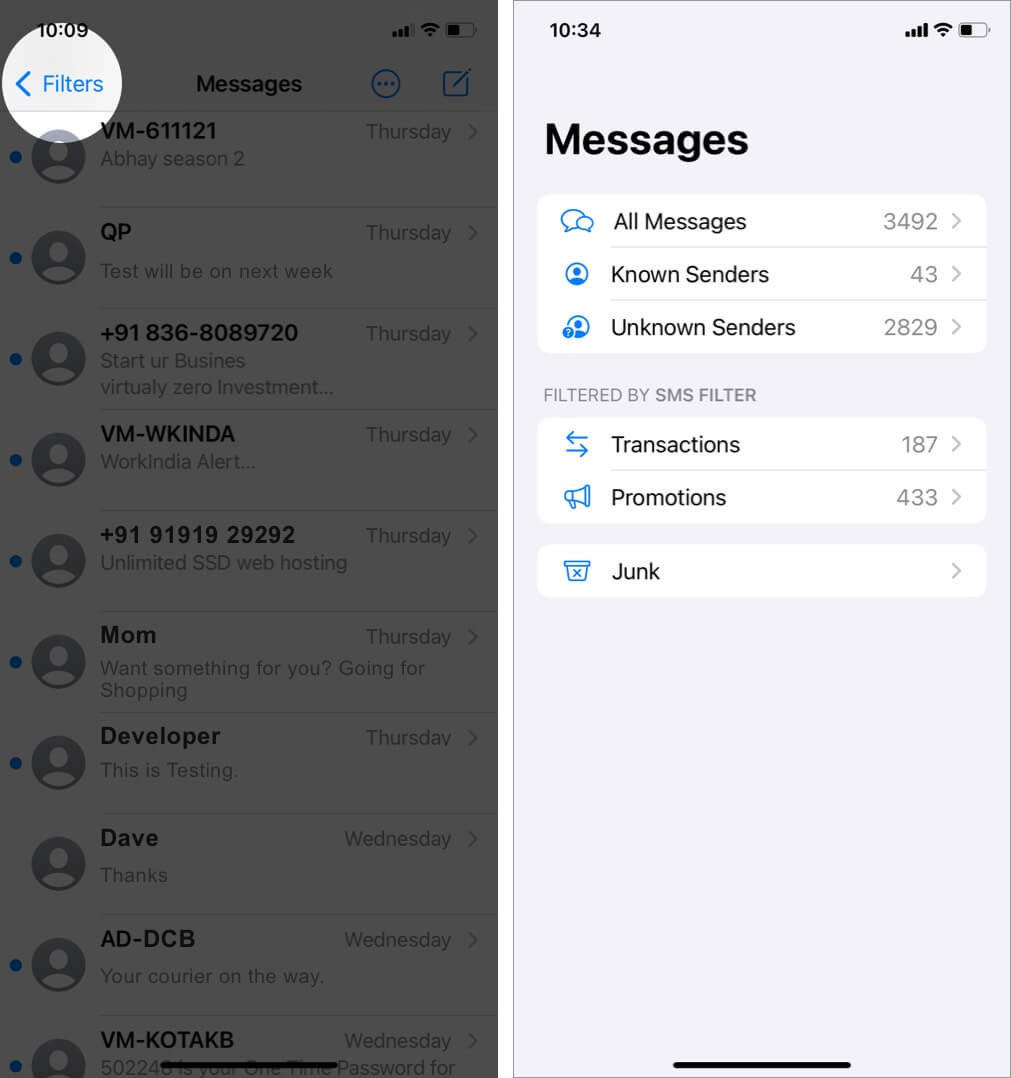 appuyez sur les filtres pour afficher les catégories dans l'application de messages sur l'iPhone exécutant ios 14