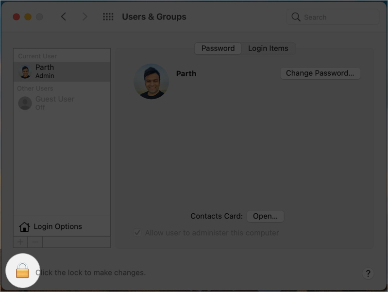 Cliquez sur l'icône de verrouillage dans Utilisateurs et groupes sur Mac