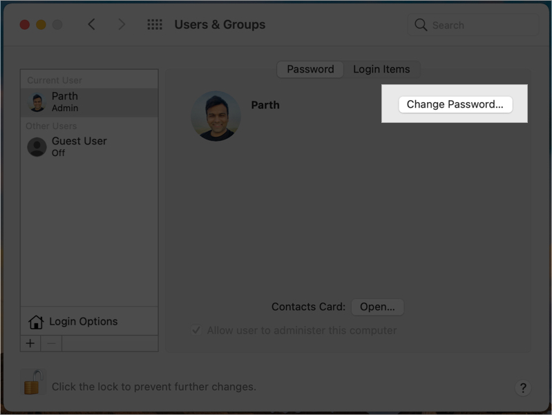 Cliquez sur Change Password in Users & Groups