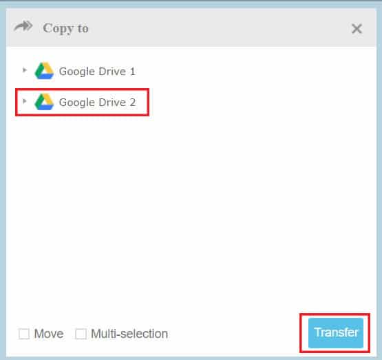 Click on Google Drive 2 (your secondary account) and then click on transfer | How to Move Files from One Google Drive to Another