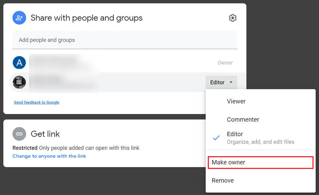 Cliquez sur Make owner | Comment faire Déplacer des fichiers d'un Google Drive vers un autre