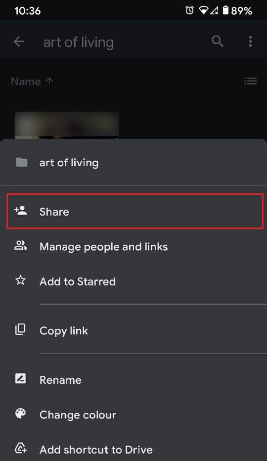 Dans la liste , appuyez sur Partager | Comment déplacer des fichiers d'un Google Drive à un autre