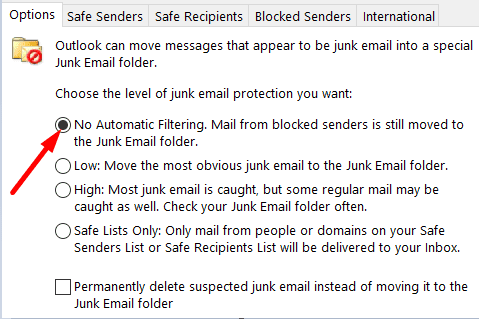 indésirable-E-mail-Options-outlook