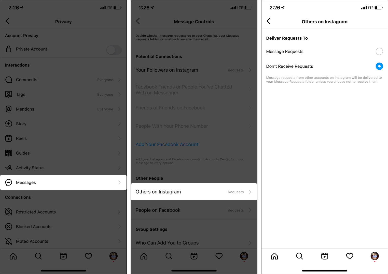 Appuyez sur Messages Appuyez sur Autres sur Instagram et sélectionnez Ne pas recevoir de demandes