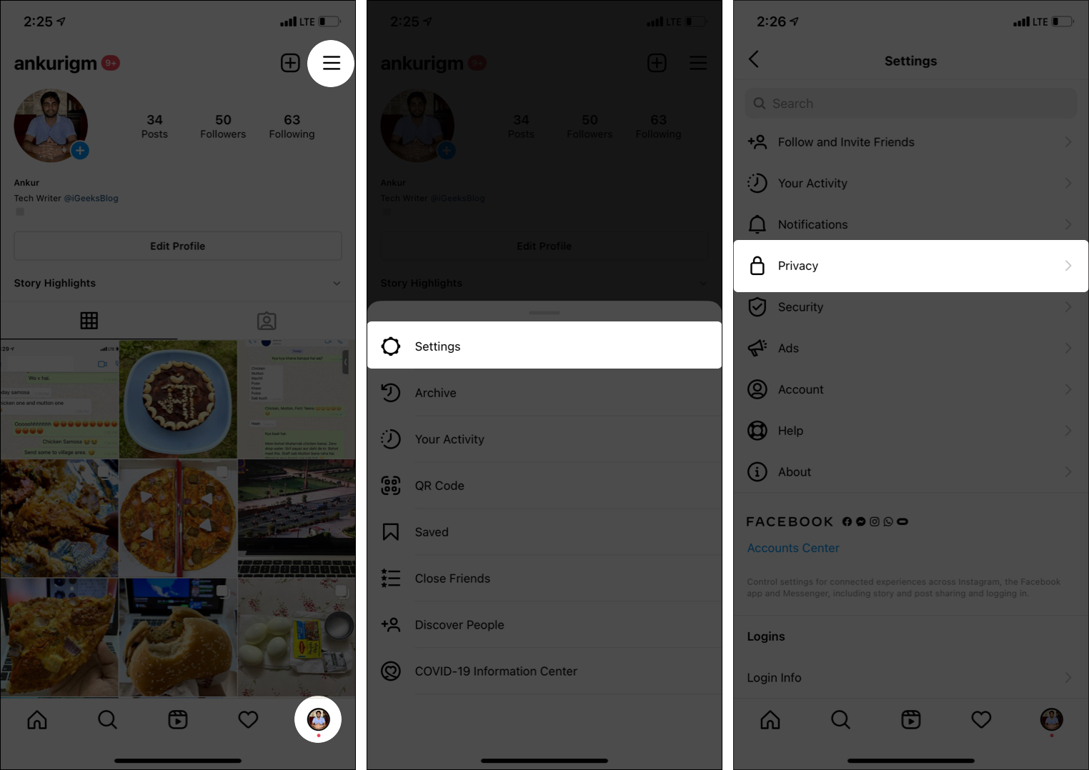 Dans les paramètres d'Instagram, appuyez sur Paramètres appuyez et appuyez sur Confidentialité