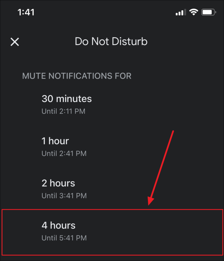Choisissez la durée de désactivation de la notification.