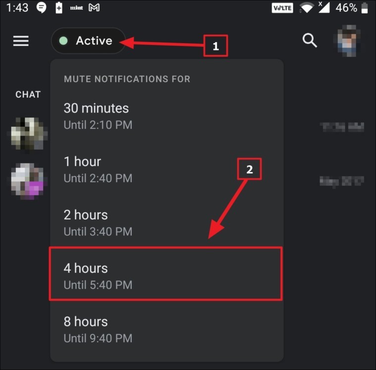 Choisissez la durée de désactivation des notifications