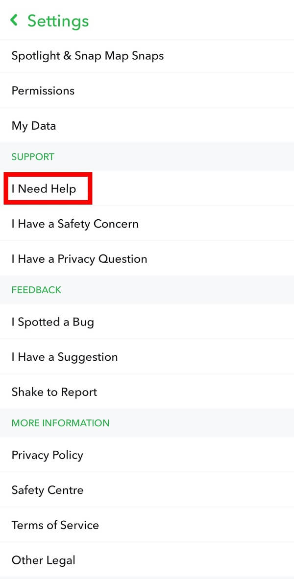 faites défiler jusqu'à la section Support et appuyez sur l'option J'ai besoin d'aide dans la liste.