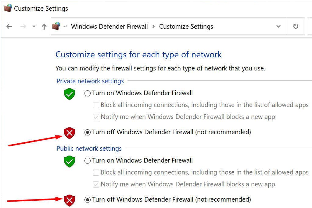 désactiver le pare-feu Windows Defender