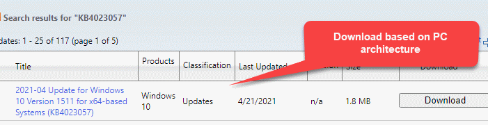 Téléchargement de la page de résultats de recherche du catalogue Microsoft Update en fonction de l'architecture PC