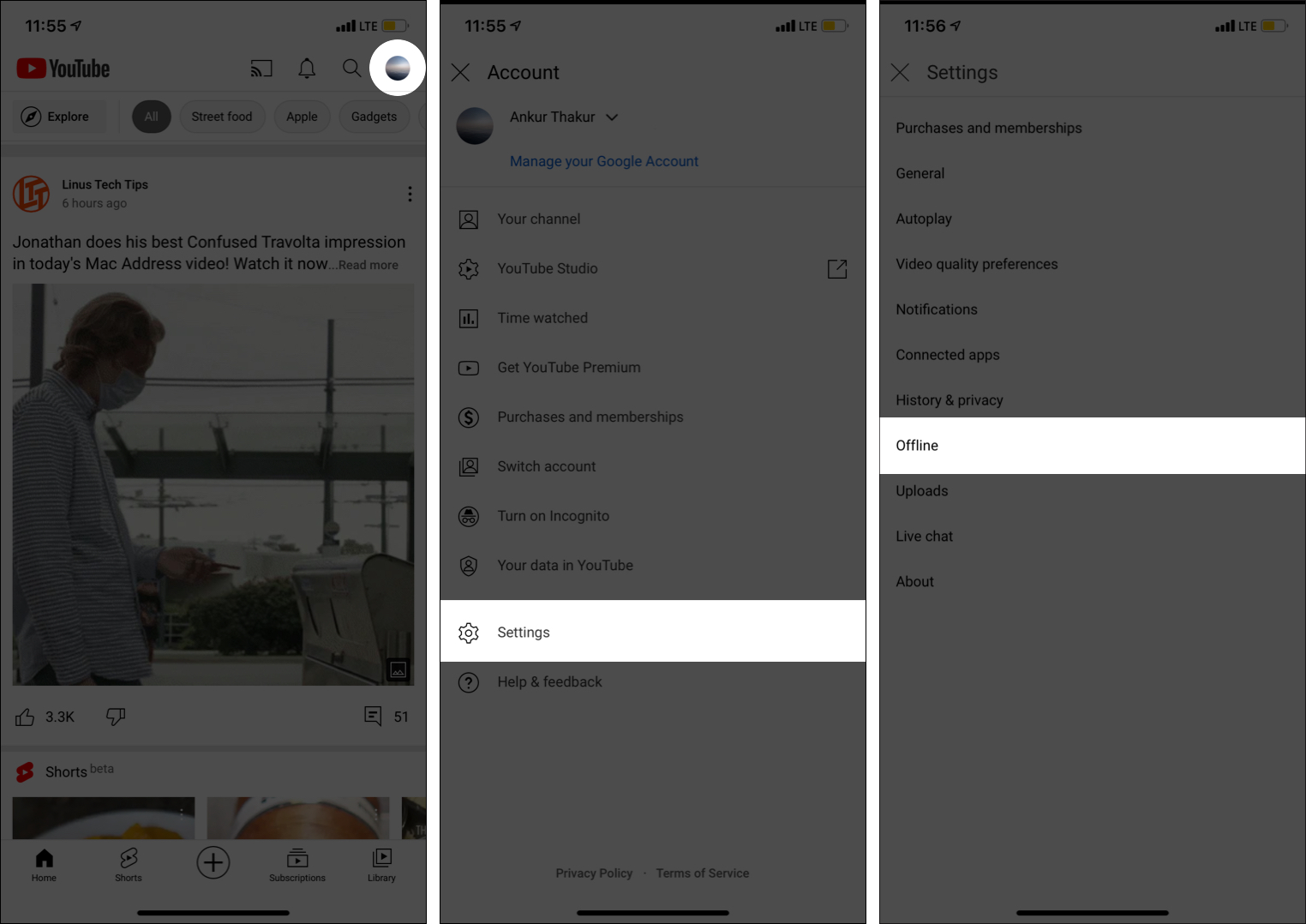 Dans l'application YouTube, appuyez sur votre photo de profil appuyez sur Paramètres et appuyez sur Hors ligne