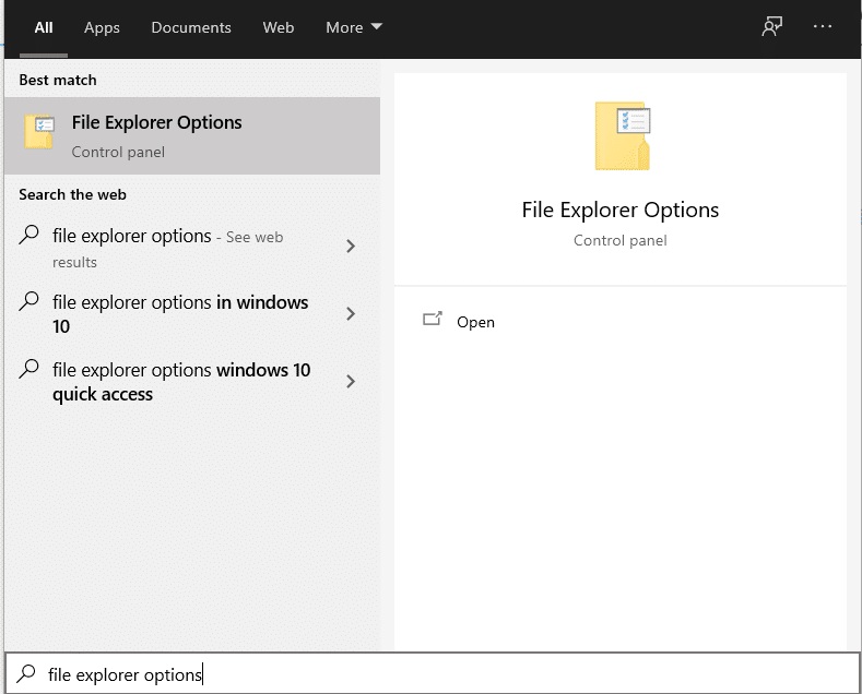 Type Options de l'explorateur de fichiers et ouvrez-le