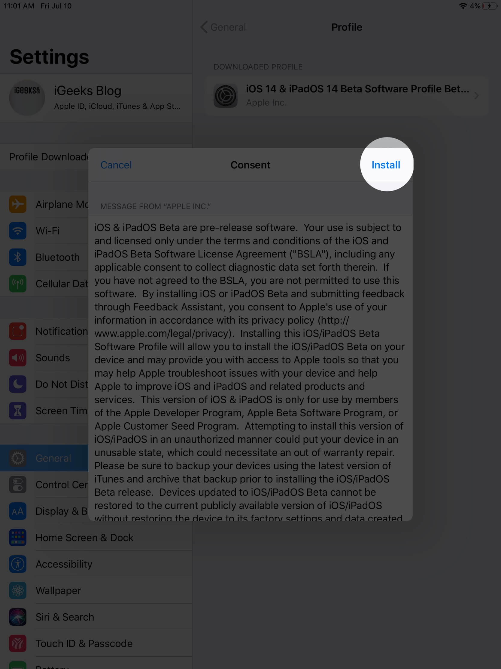 appuyez sur installer sur ipad