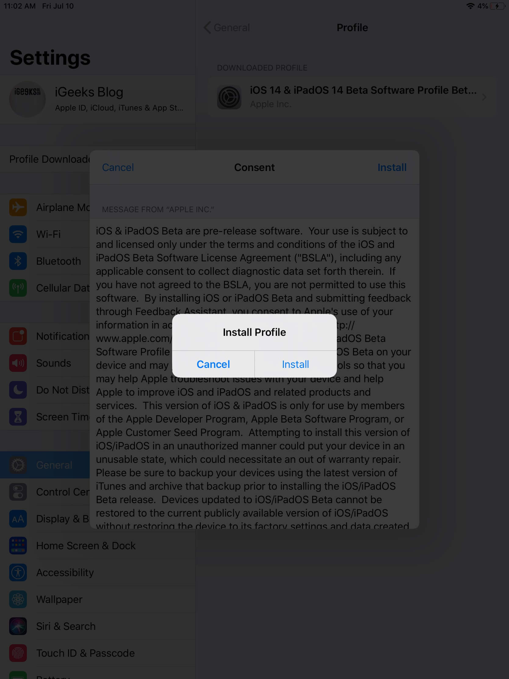 appuyez sur réinstaller