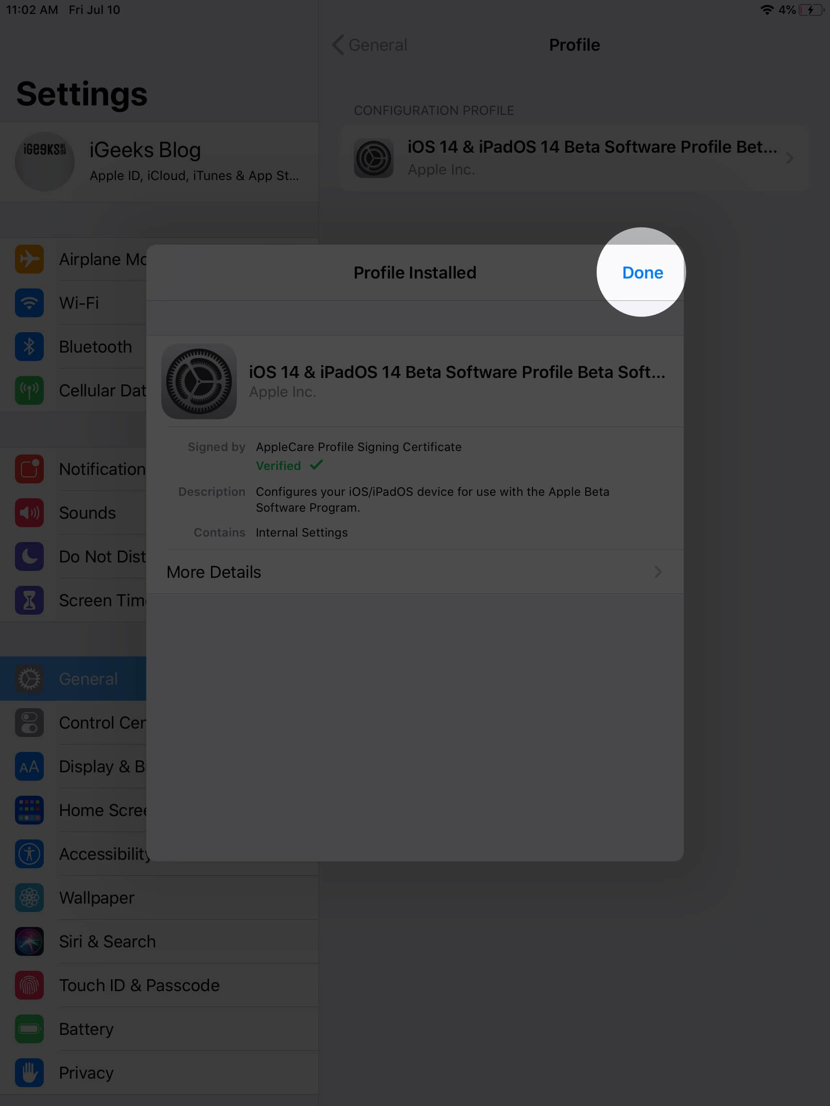 une fois terminé sh le processus appuyez sur terminé sur ipad