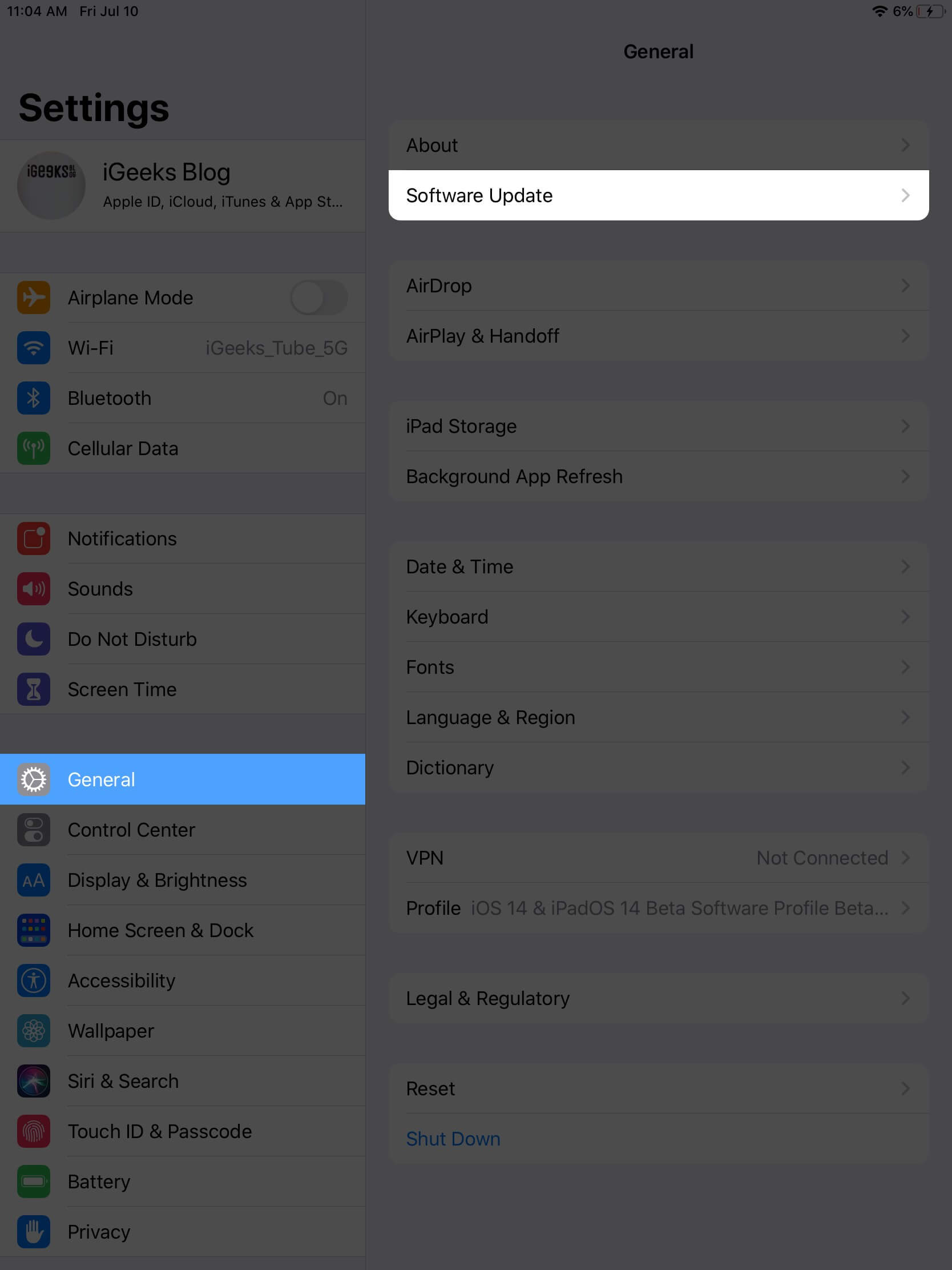 appuyez sur général, puis appuyez sur mise à jour logicielle dans les paramètres de l'ipad