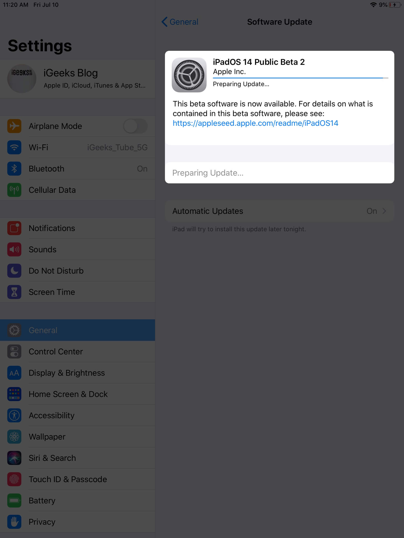 Le profil bêta d'ipados est installation sur ipad