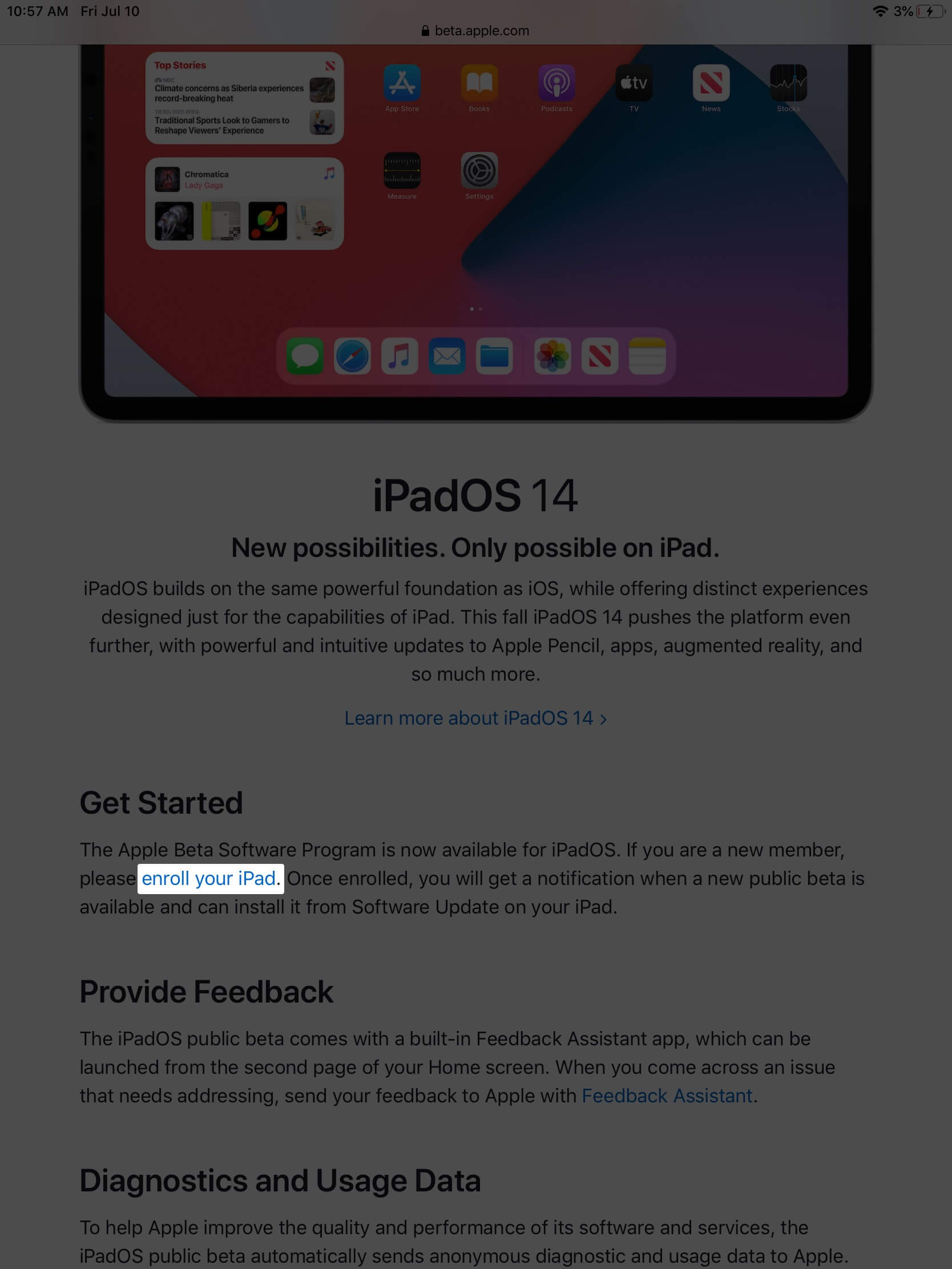 faites défiler vers le bas et appuyez sur inscrire votre ipad