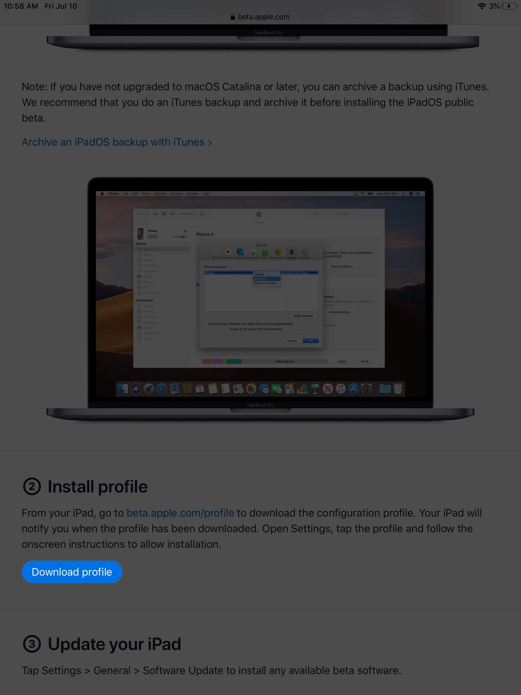 appuyez sur le profil de téléchargement dans ipados 14