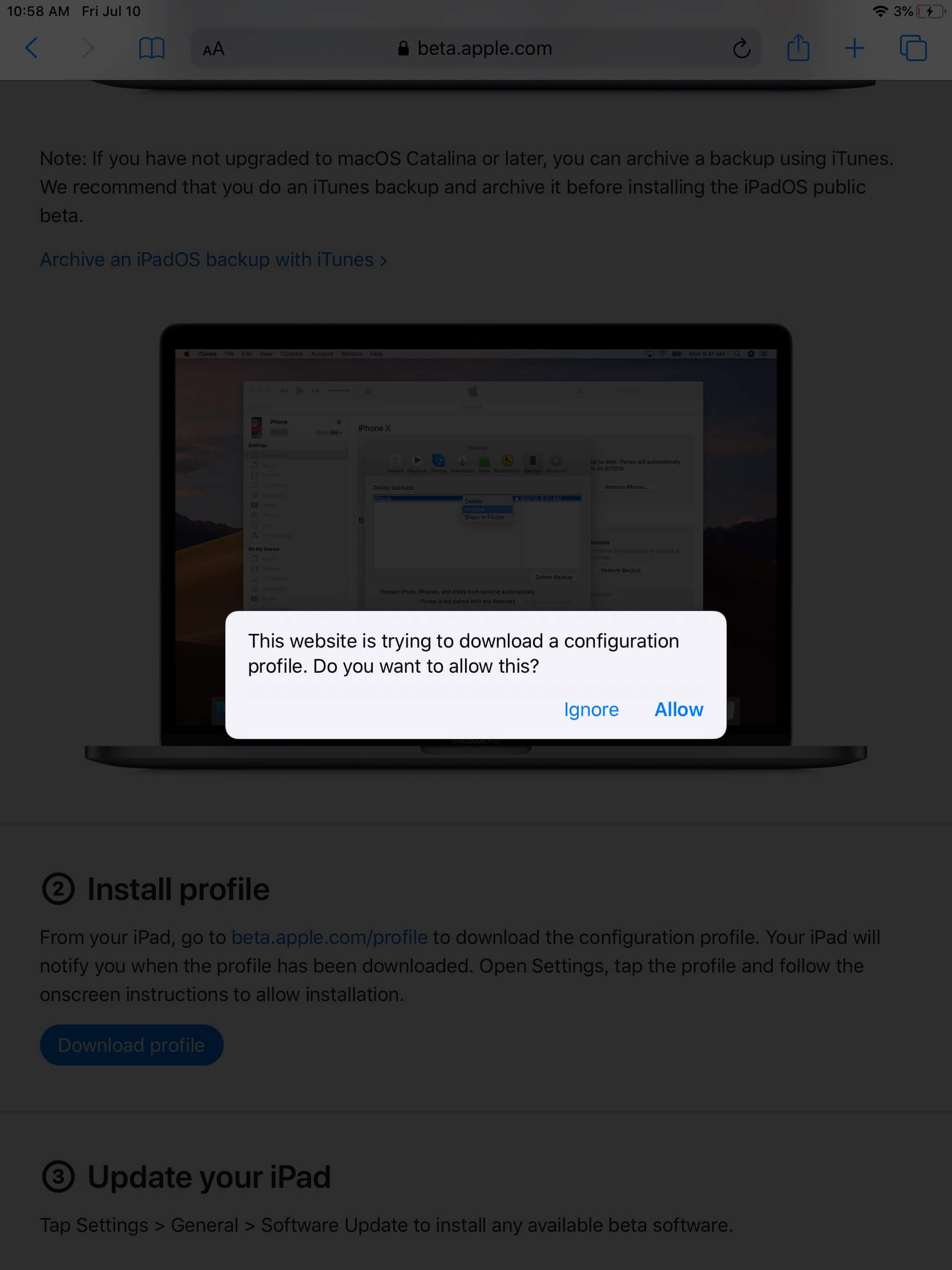 appuyez sur autoriser le téléchargement profil bêta sur ipad