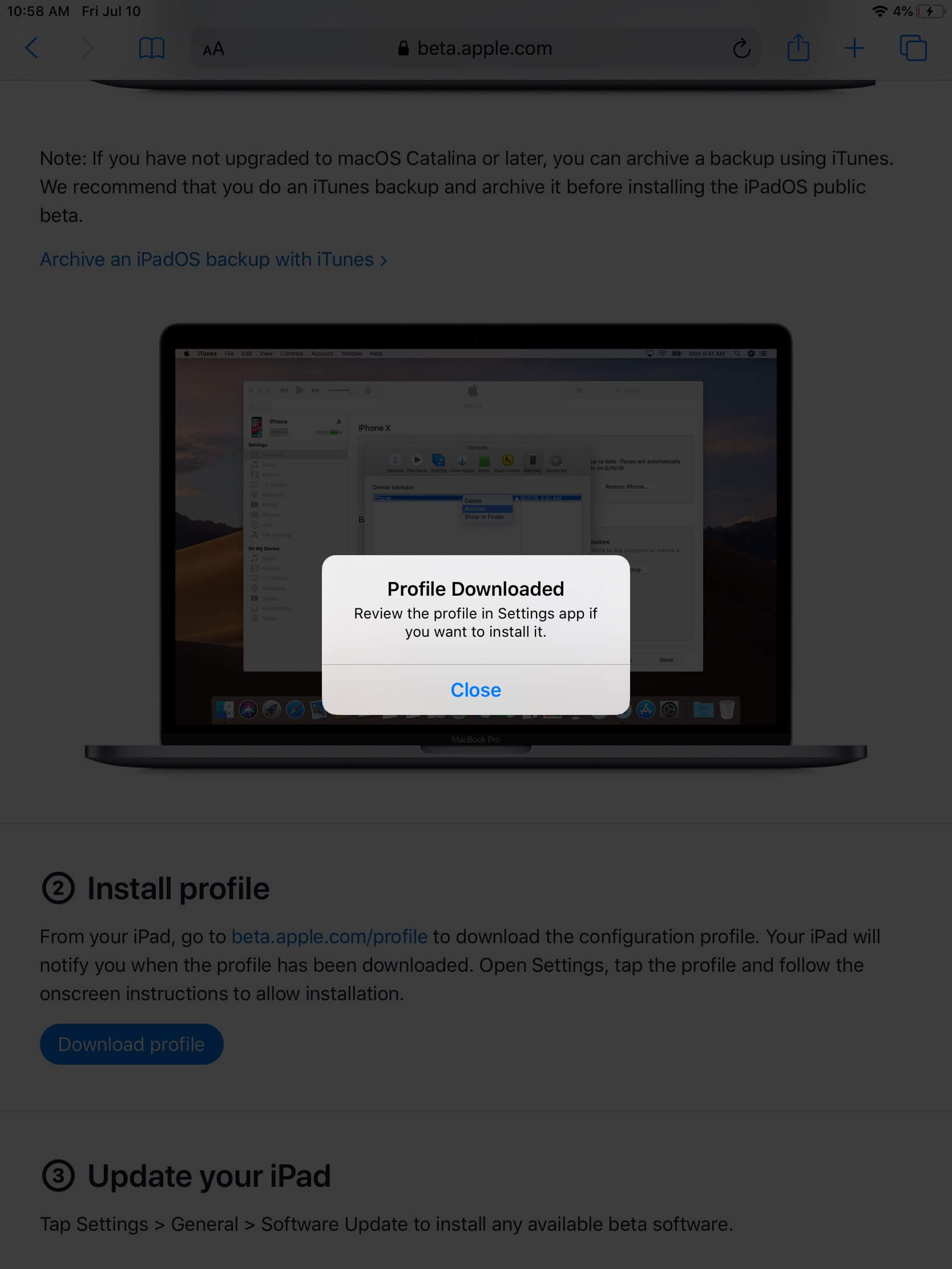 une fois le profil est téléchargé appuyez sur fermer