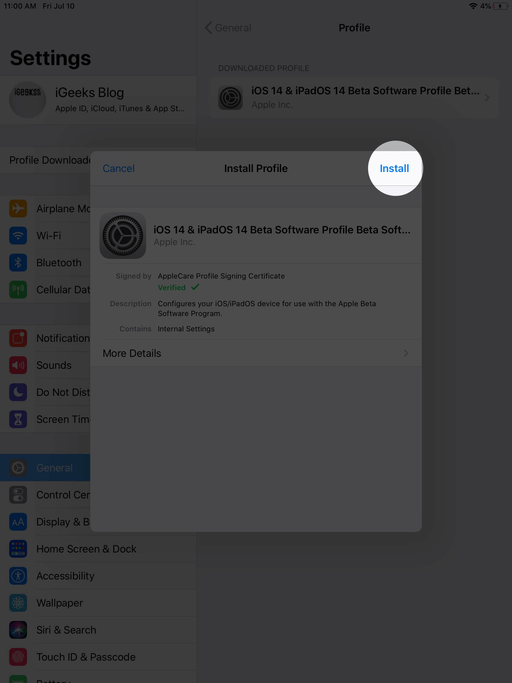 appuyez sur lors de l'installation