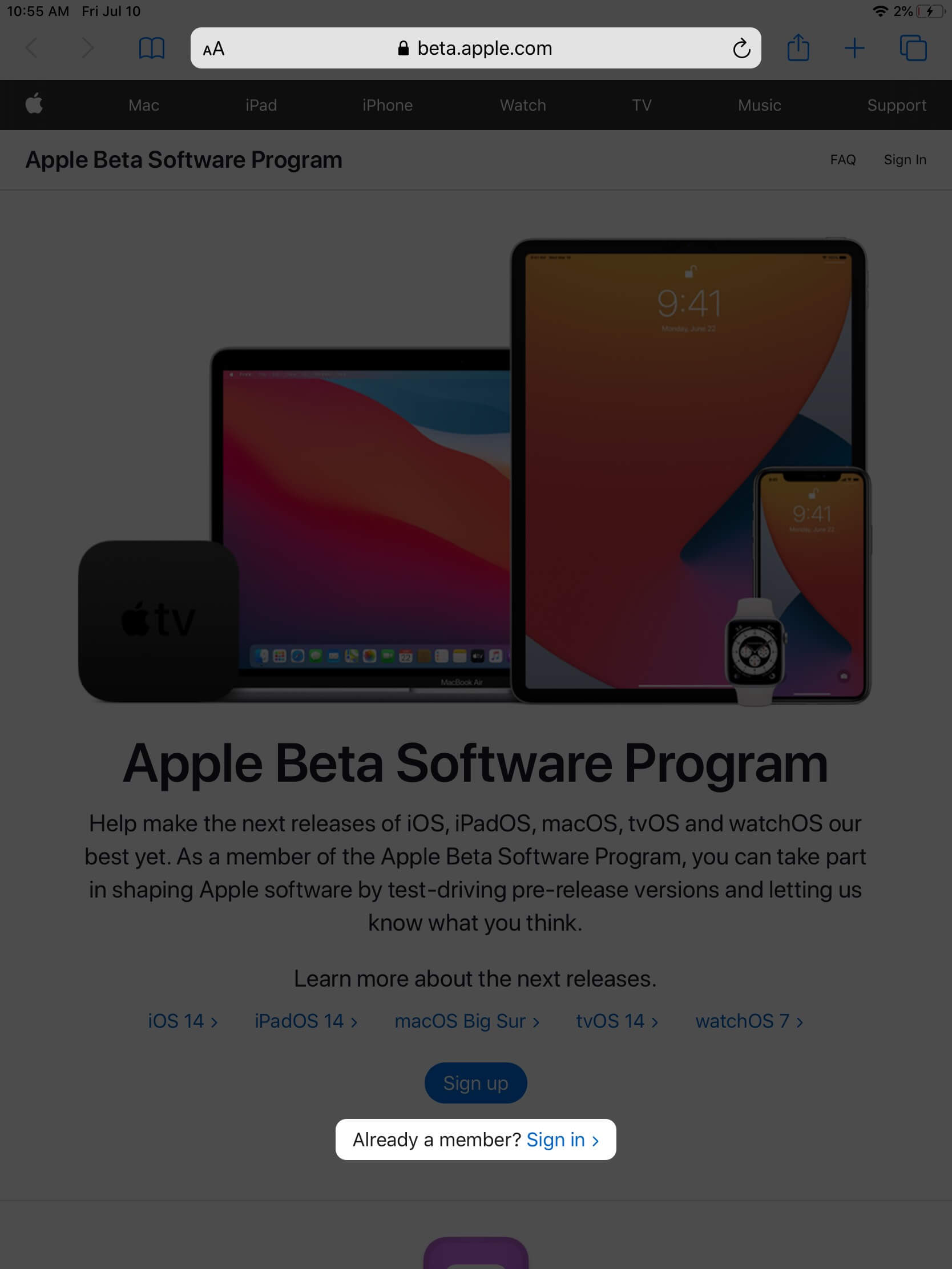 visitez beta.apple.com et appuyez sur se connecter sur ipad