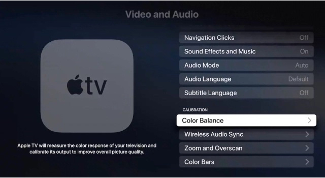 Option de balance des couleurs dans Apple TV