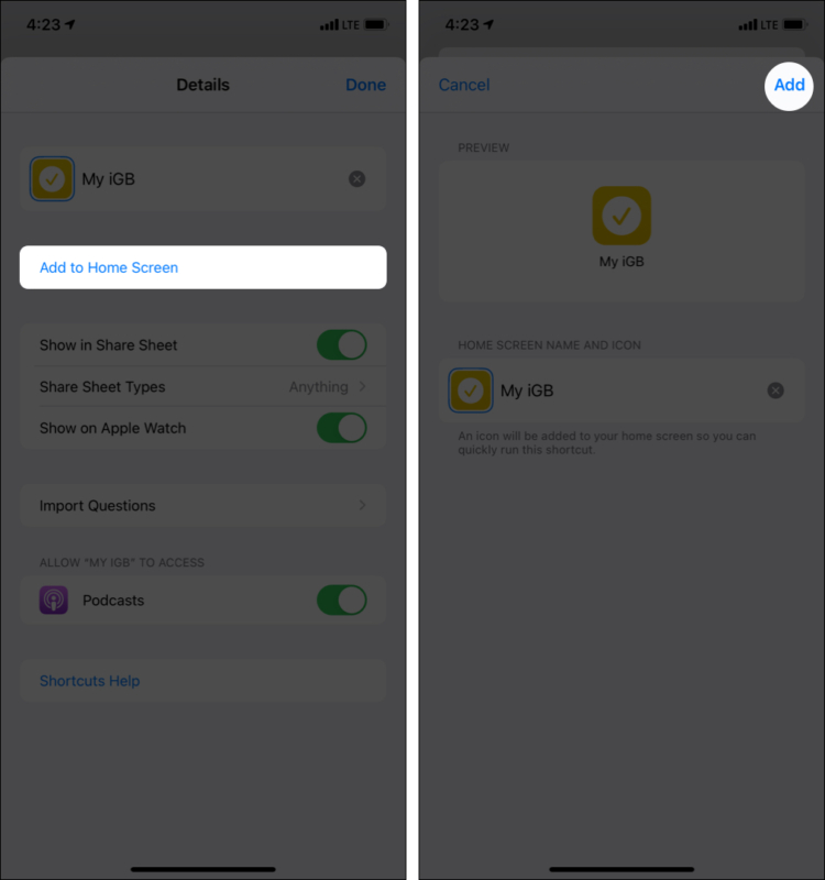 Tap Add to Home Screen and then tap Add
