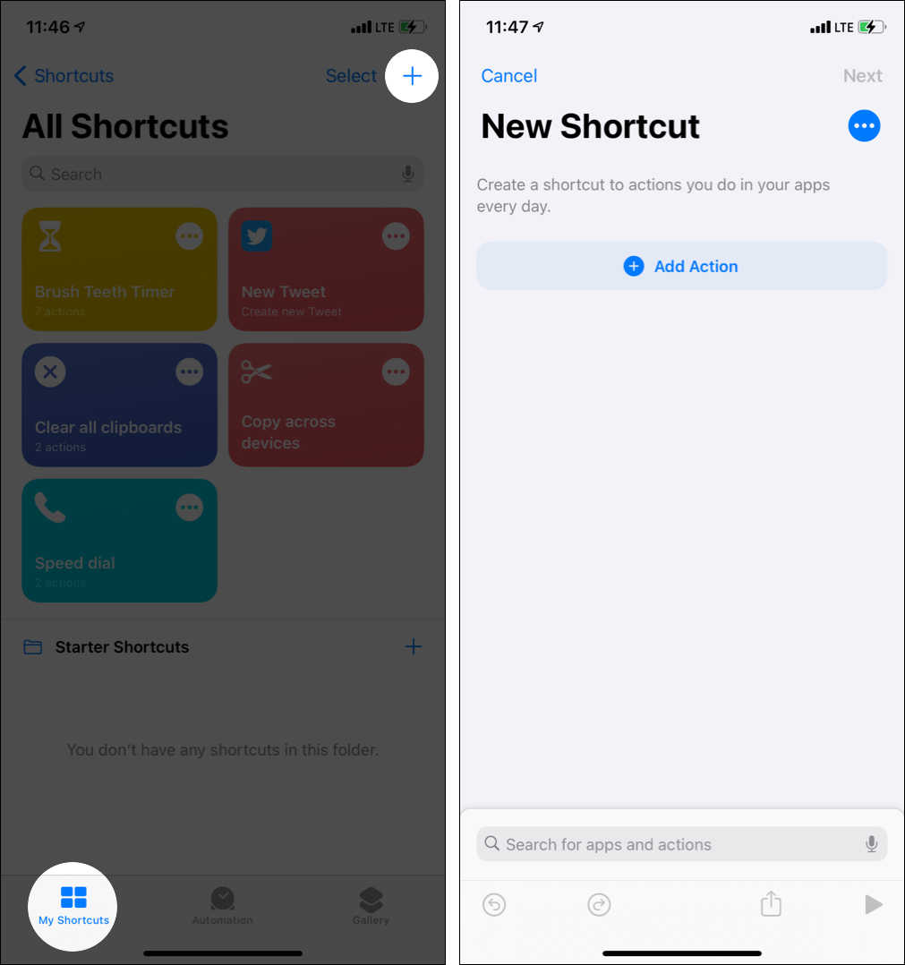 Appuyez sur Plus dans Mes raccourcis et appuyez sur Ajouter une action