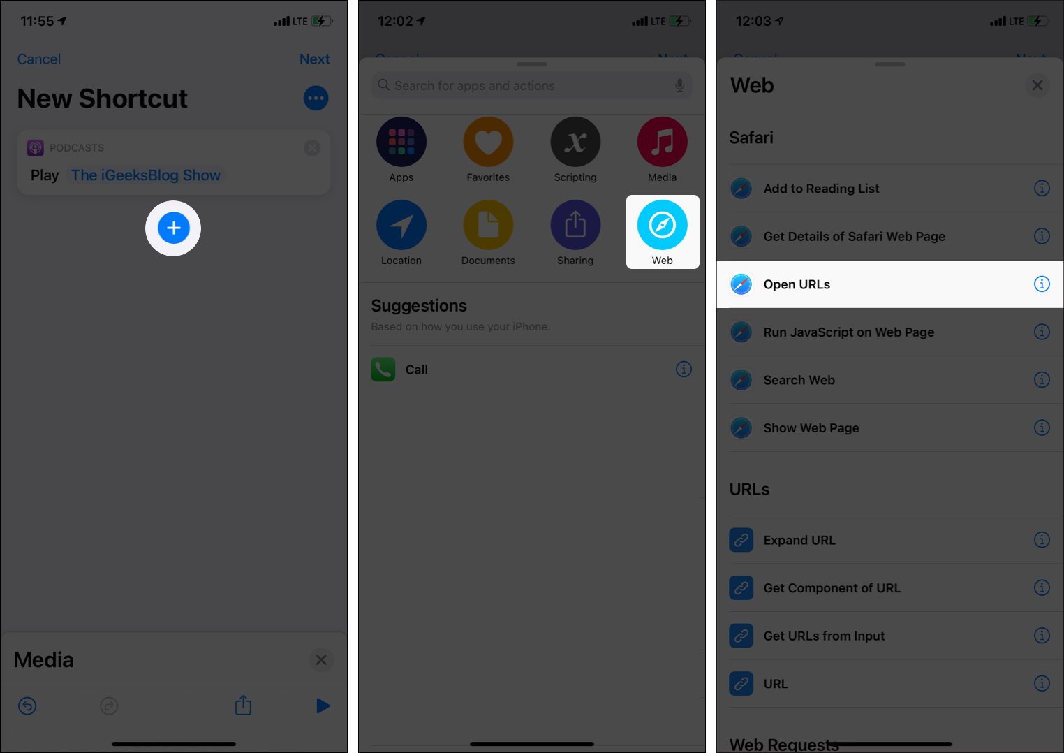 Appuyez sur l'icône plus appuyez sur Web et appuyez sur Ouvrir les URL