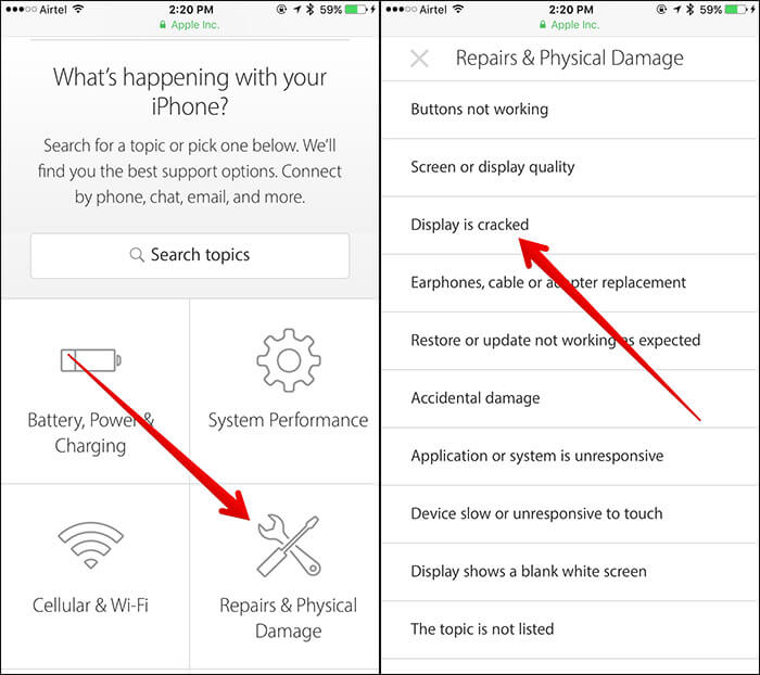 Choisissez le problème de l'iPhone sur la page d'assistance Apple