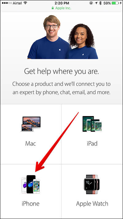 Sélectionnez l'iPhone sur le site Web de l'assistance Apple